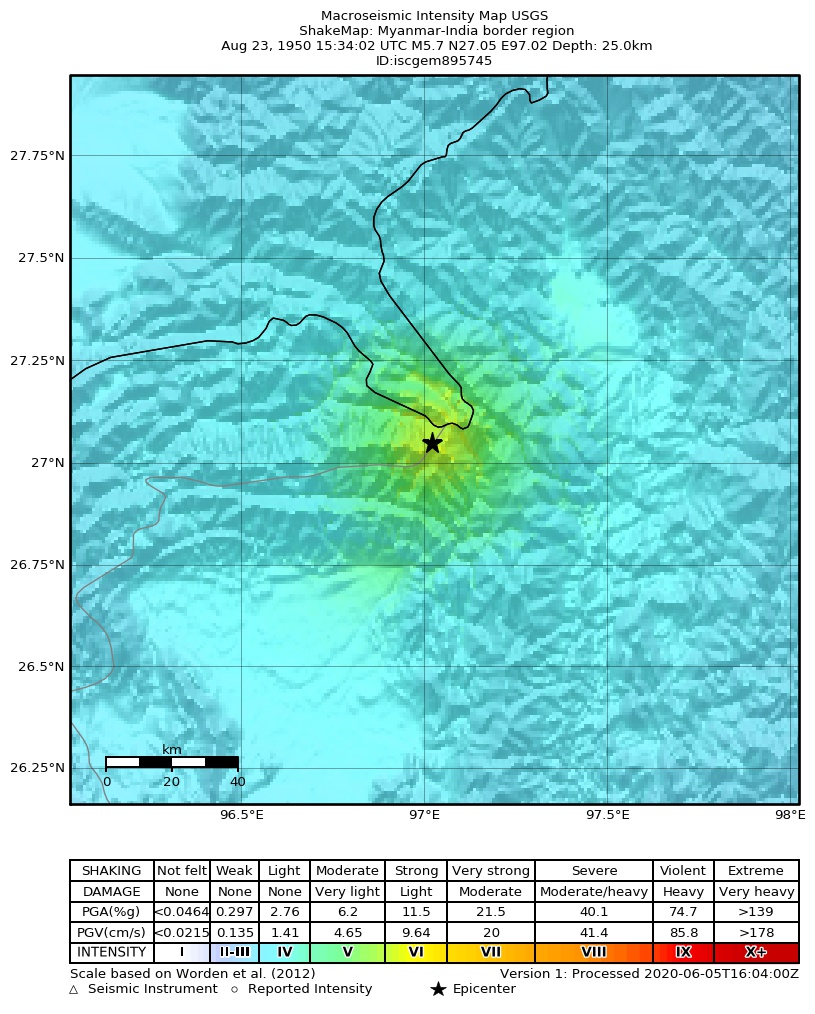 USGS ShakeMap: estimated shaking intensity around the epicenter