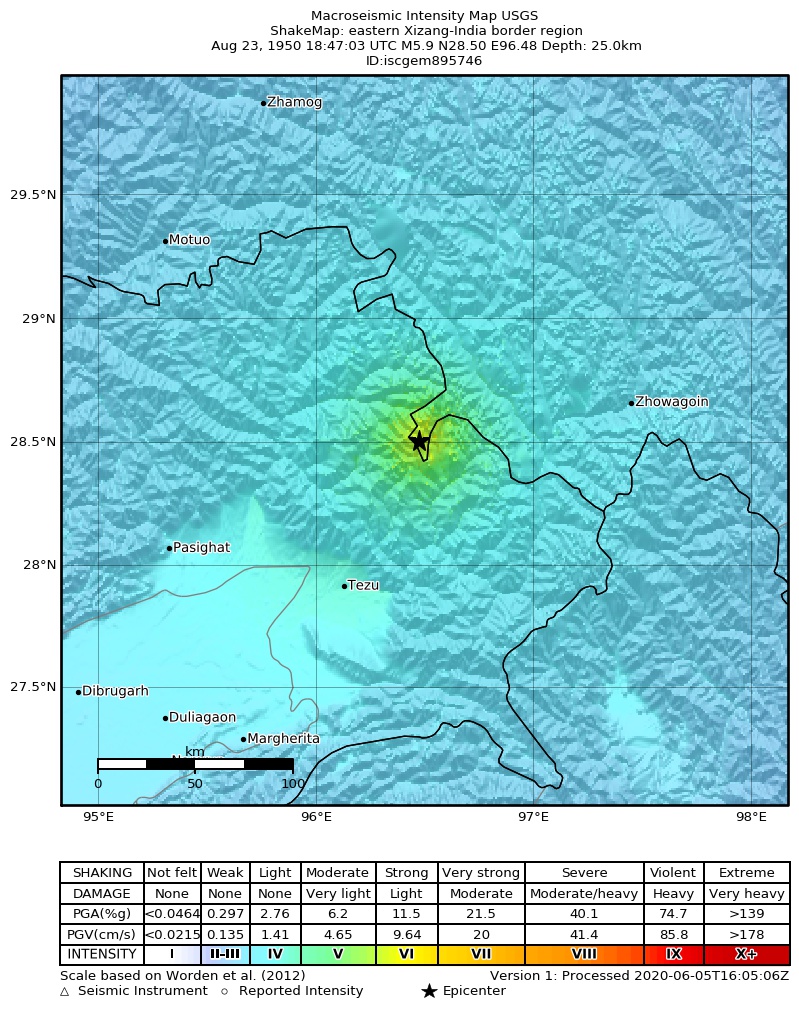 USGS ShakeMap: estimated shaking intensity around the epicenter