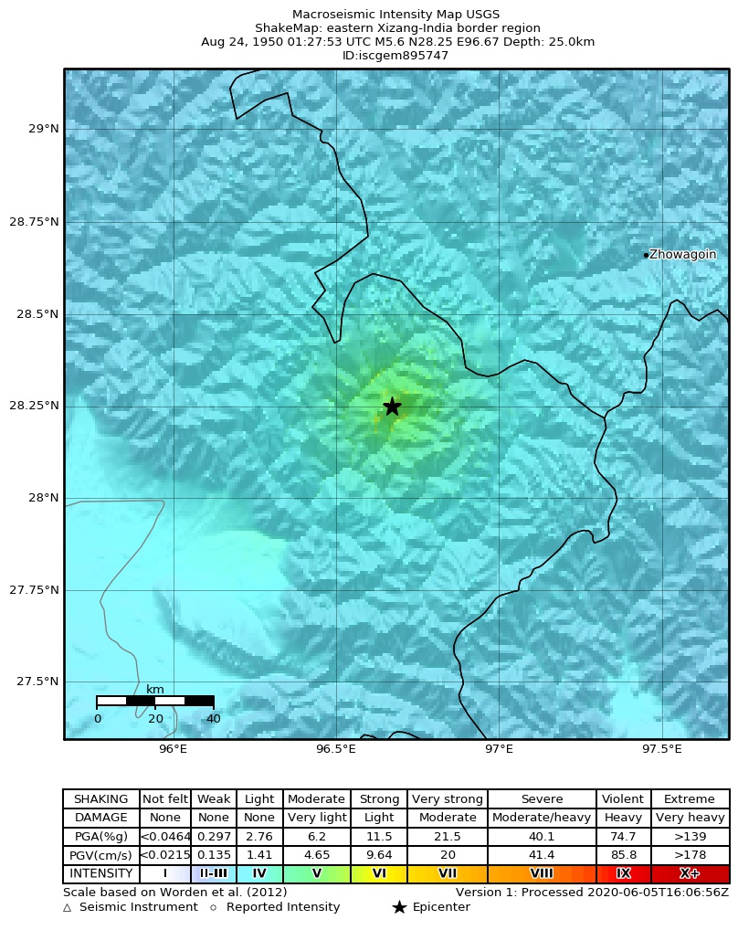 USGS ShakeMap: estimated shaking intensity around the epicenter