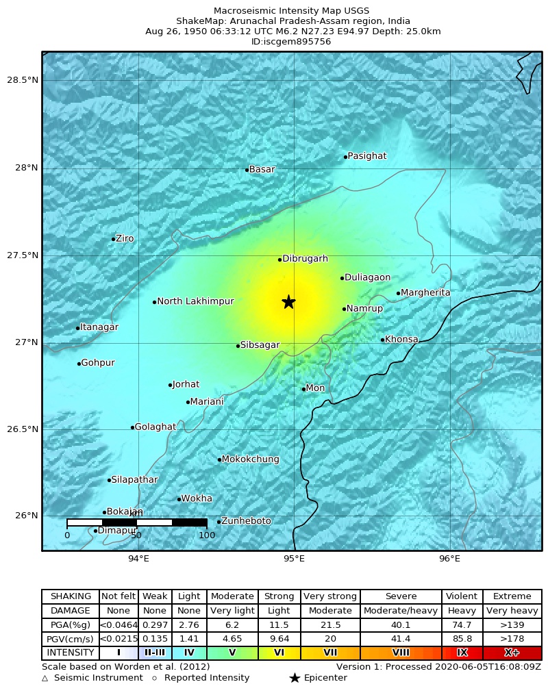USGS ShakeMap: estimated shaking intensity around the epicenter
