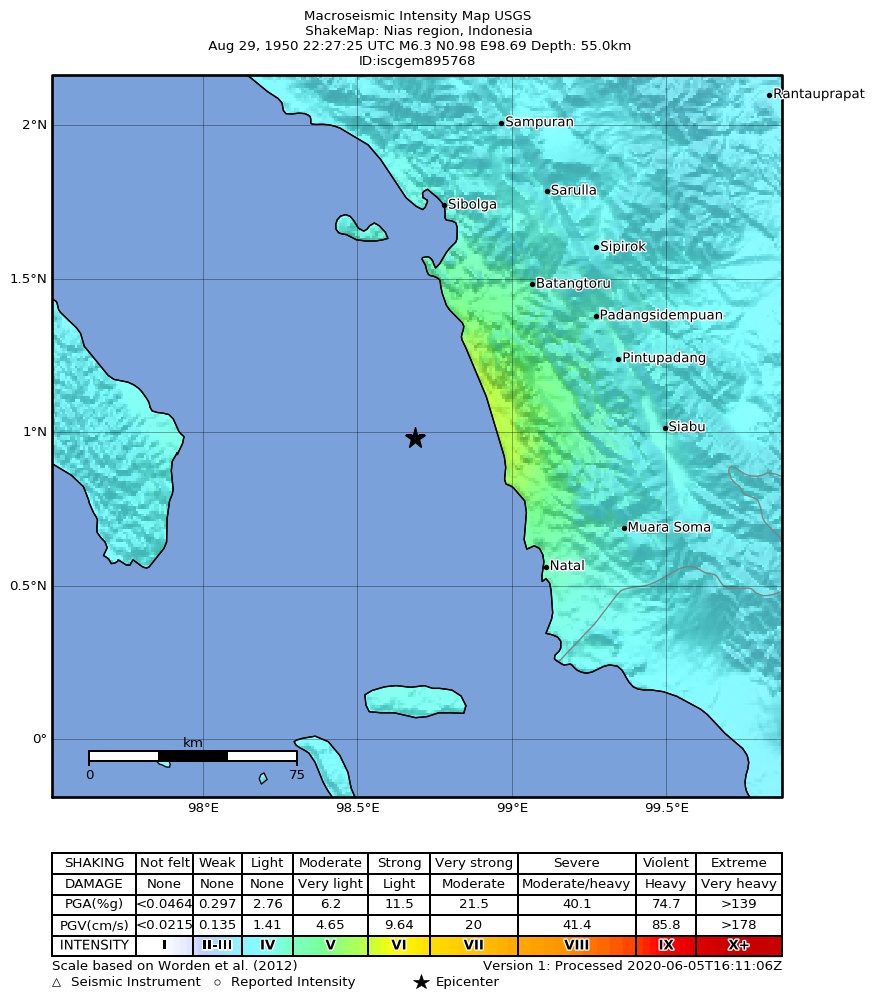 USGS ShakeMap: estimated shaking intensity around the epicenter