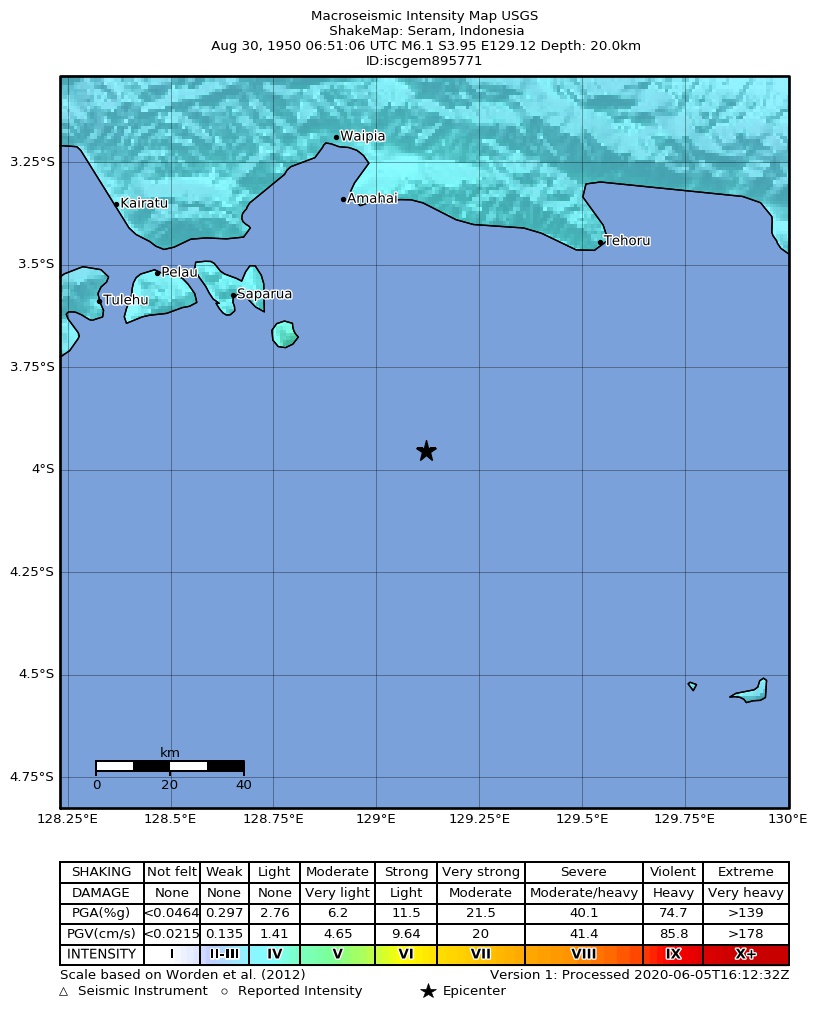 USGS ShakeMap: estimated shaking intensity around the epicenter
