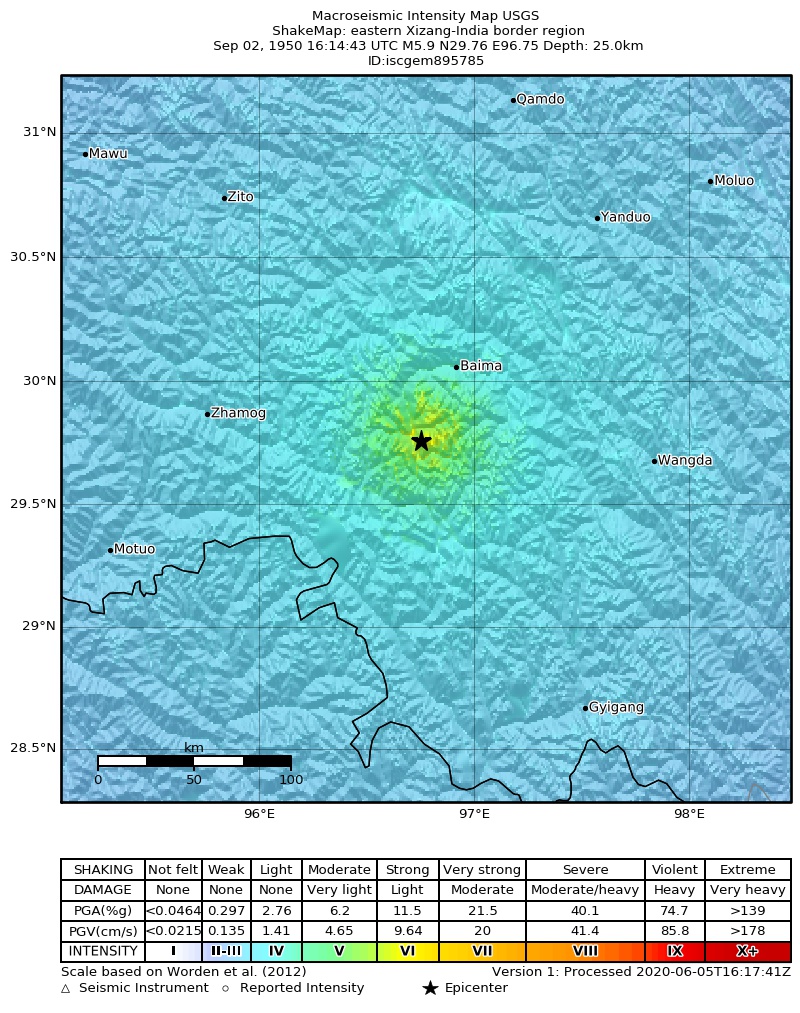 USGS ShakeMap: estimated shaking intensity around the epicenter