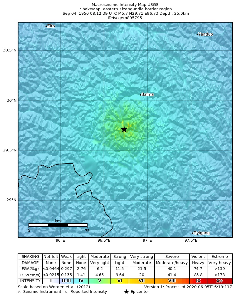 USGS ShakeMap: estimated shaking intensity around the epicenter