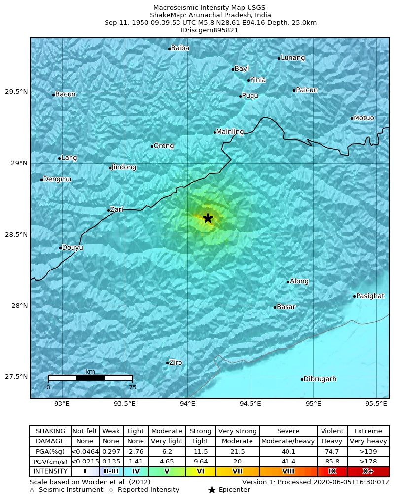 USGS ShakeMap: estimated shaking intensity around the epicenter