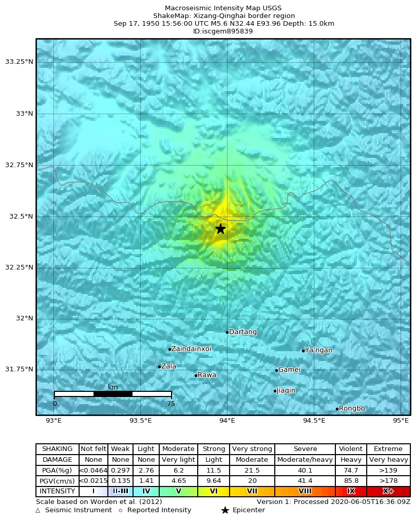 USGS ShakeMap: estimated shaking intensity around the epicenter