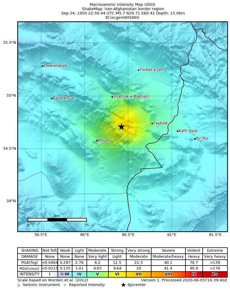 USGS ShakeMap: estimated shaking intensity around the epicenter