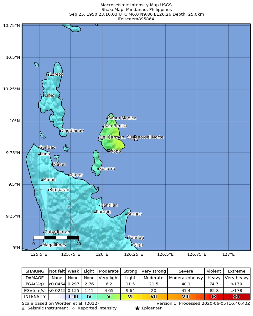 USGS ShakeMap: estimated shaking intensity around the epicenter