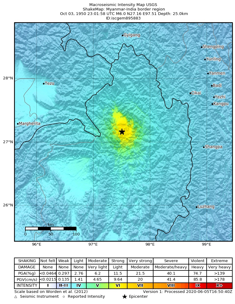 USGS ShakeMap: estimated shaking intensity around the epicenter