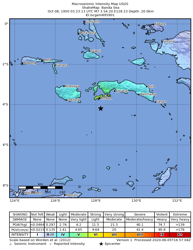 USGS ShakeMap: estimated shaking intensity around the epicenter