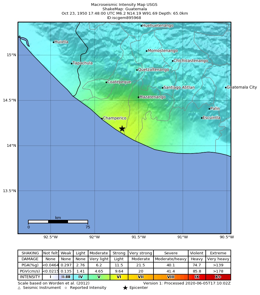 USGS ShakeMap: estimated shaking intensity around the epicenter