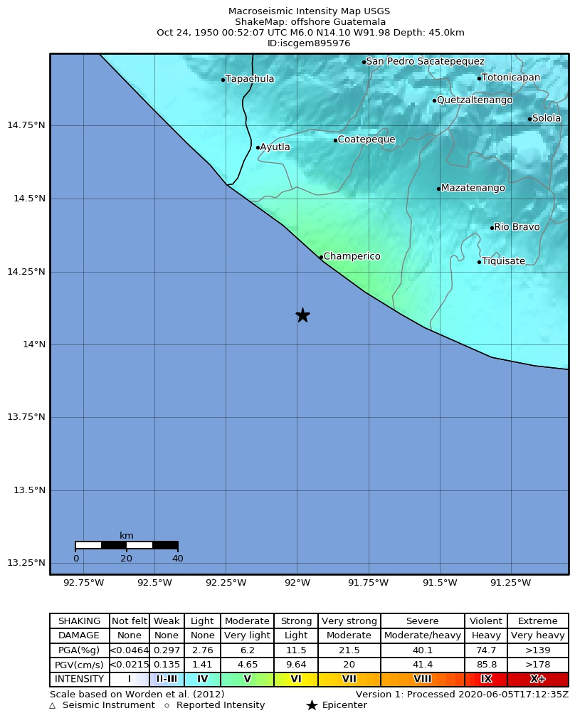USGS ShakeMap: estimated shaking intensity around the epicenter