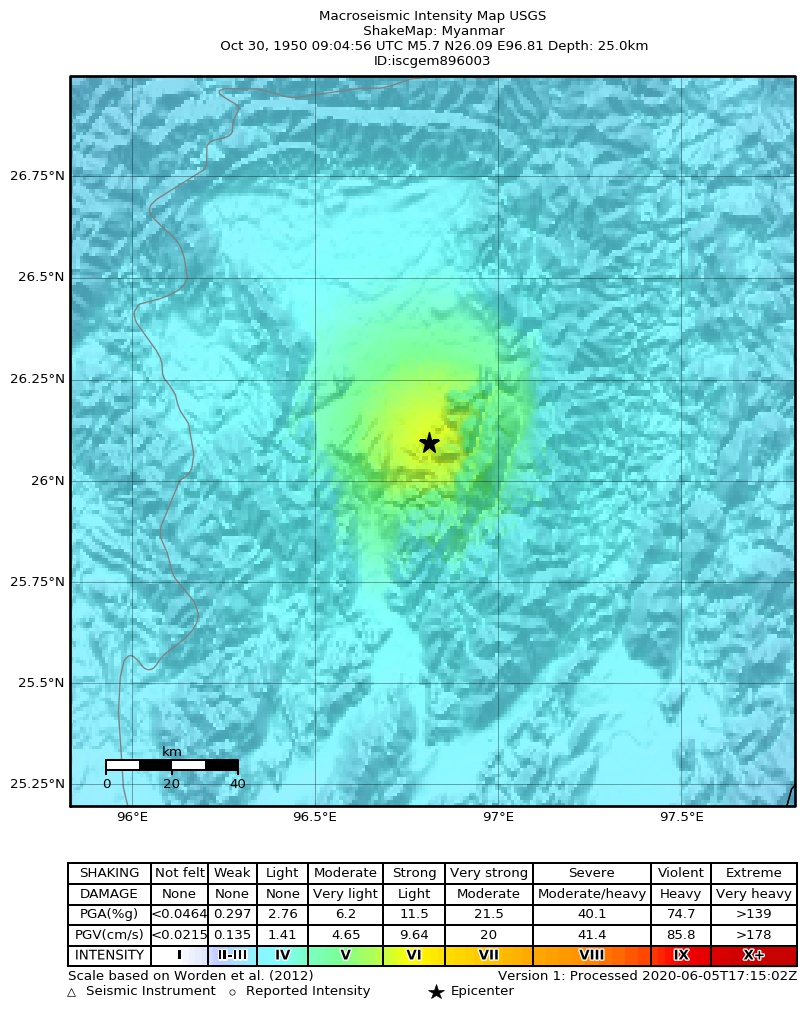 USGS ShakeMap: estimated shaking intensity around the epicenter