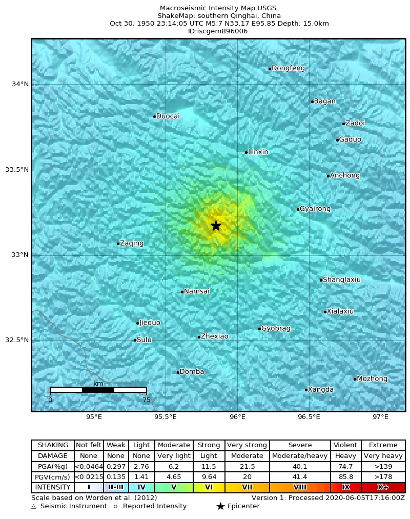 USGS ShakeMap: estimated shaking intensity around the epicenter