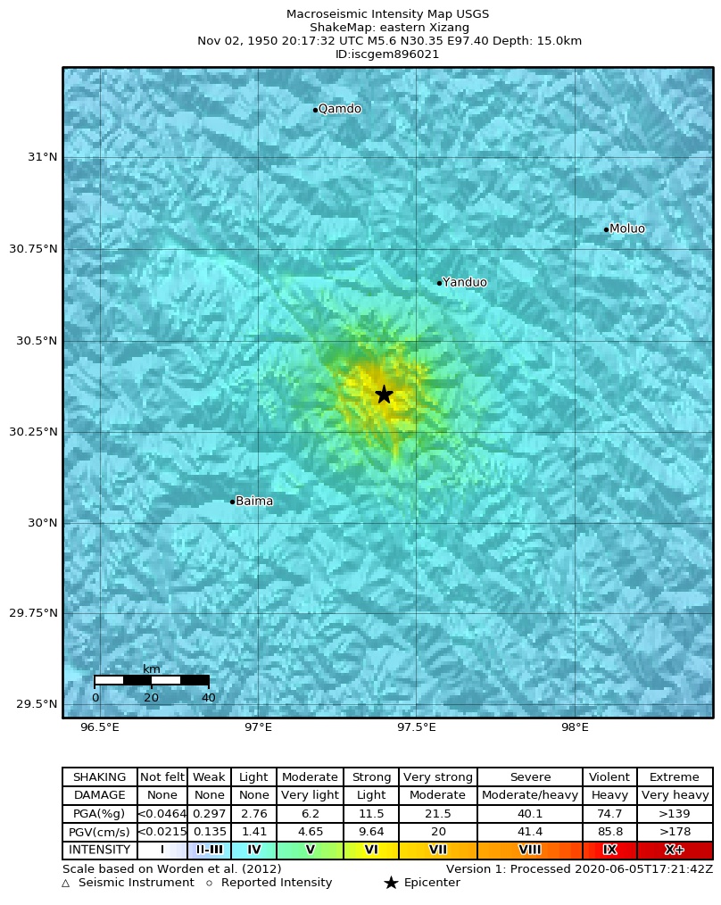 USGS ShakeMap: estimated shaking intensity around the epicenter