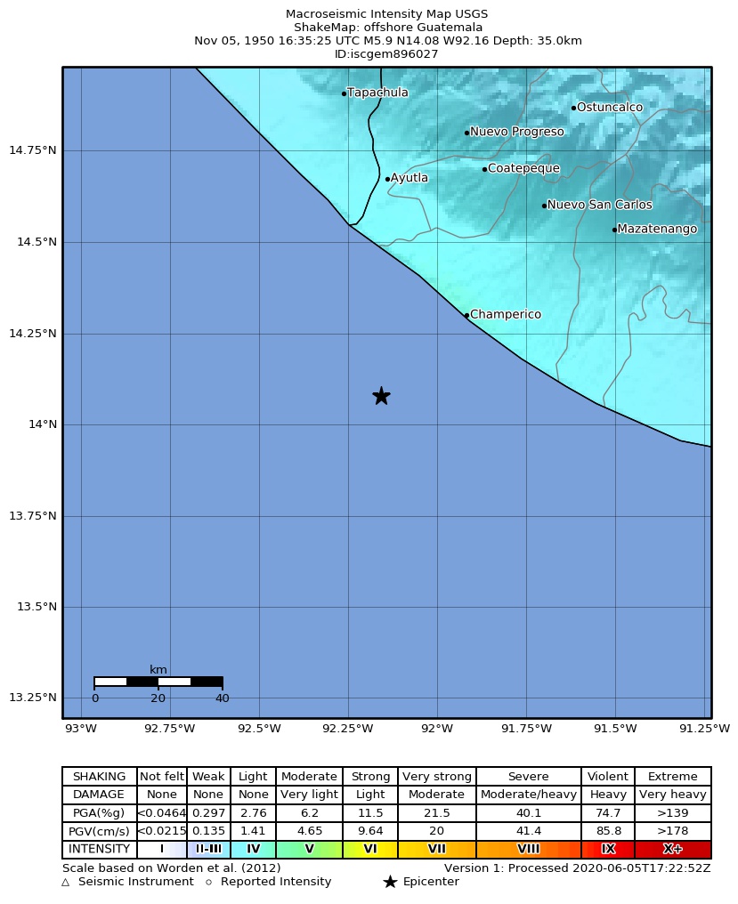 USGS ShakeMap: estimated shaking intensity around the epicenter