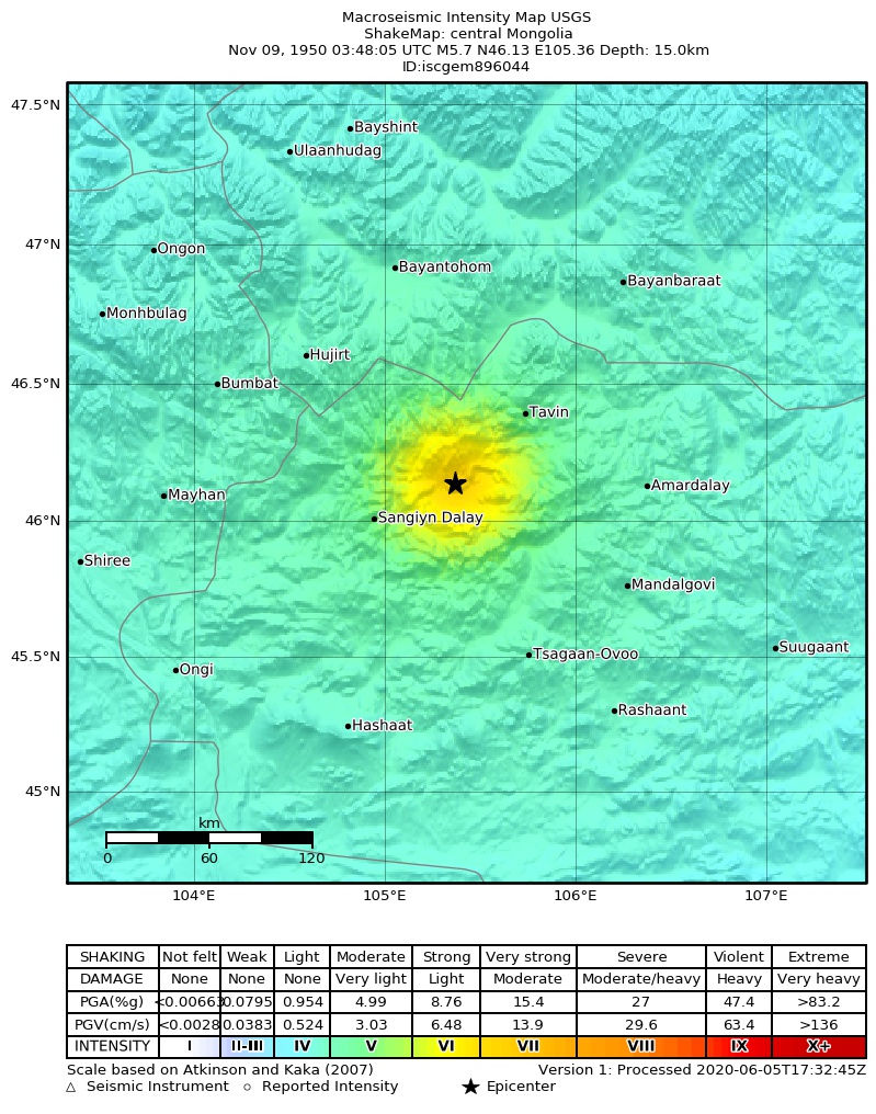 USGS ShakeMap: estimated shaking intensity around the epicenter