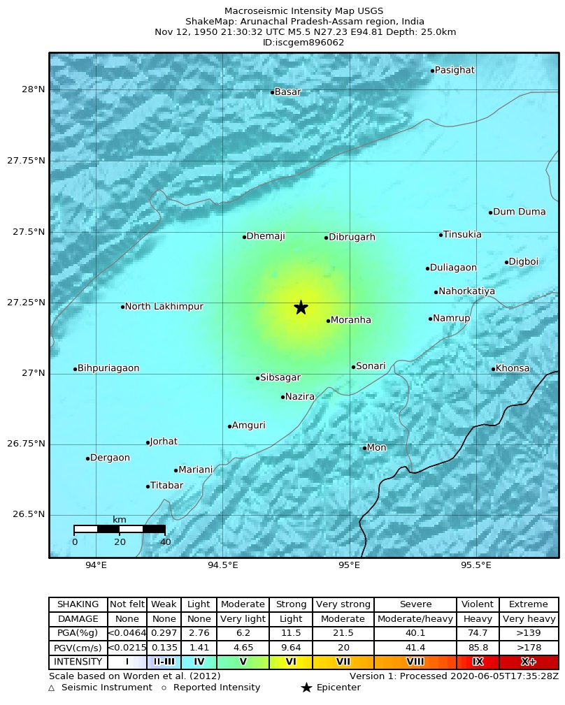 USGS ShakeMap: estimated shaking intensity around the epicenter