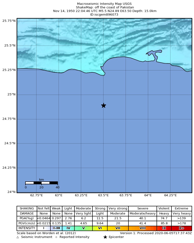 USGS ShakeMap: estimated shaking intensity around the epicenter