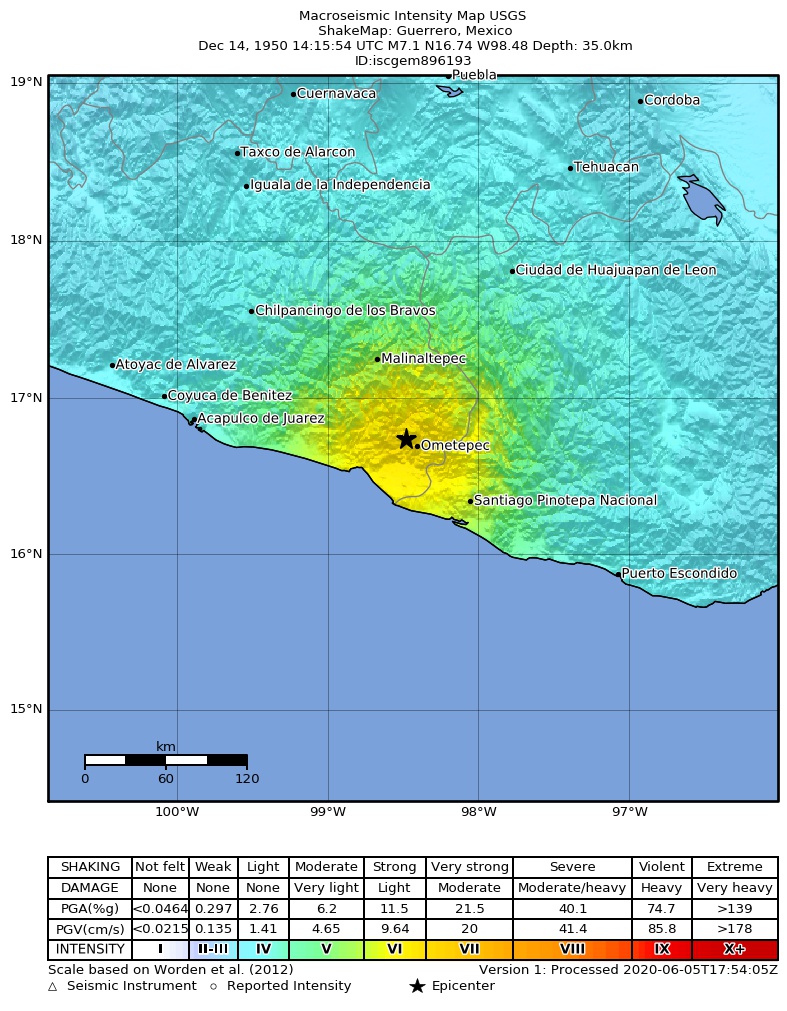 USGS ShakeMap: estimated shaking intensity around the epicenter