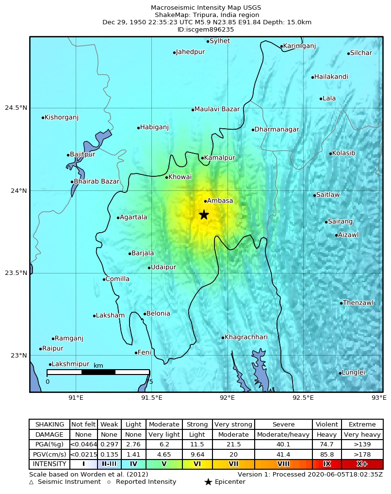USGS ShakeMap: estimated shaking intensity around the epicenter