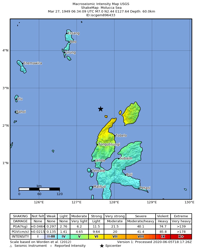 USGS ShakeMap: estimated shaking intensity around the epicenter
