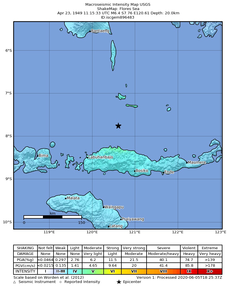 USGS ShakeMap: estimated shaking intensity around the epicenter