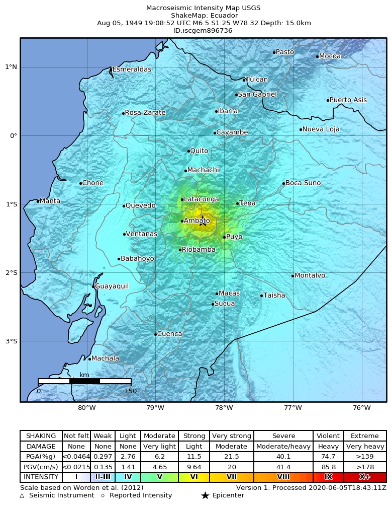USGS ShakeMap: estimated shaking intensity around the epicenter