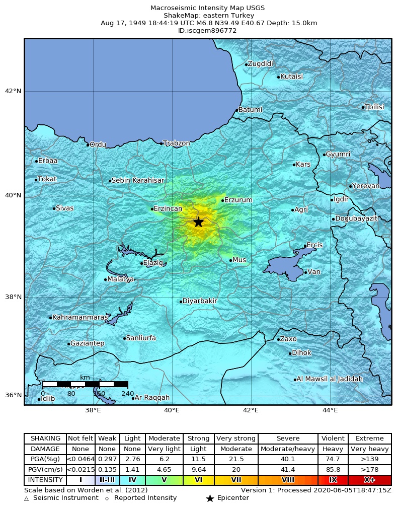 USGS ShakeMap: estimated shaking intensity around the epicenter