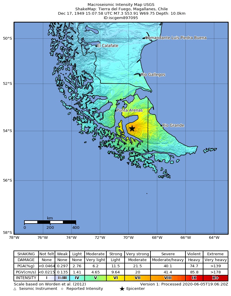 USGS ShakeMap: estimated shaking intensity around the epicenter
