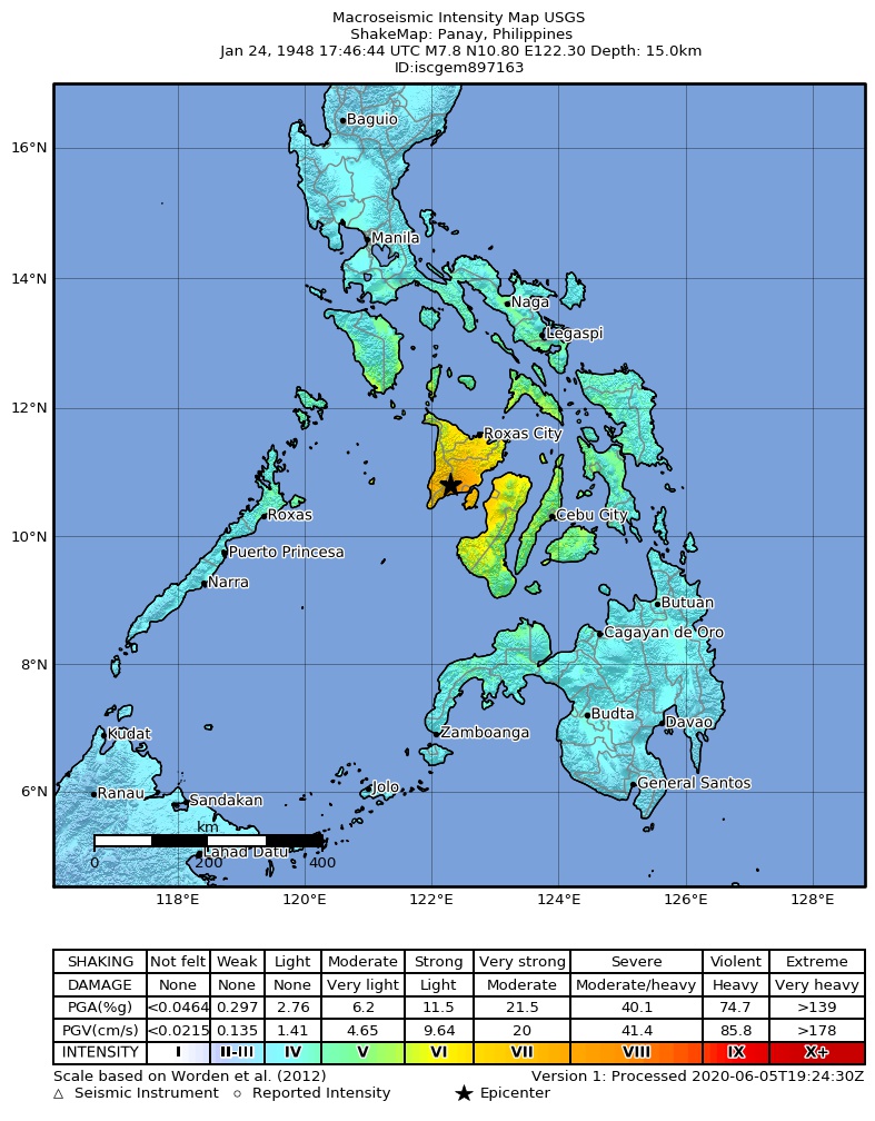 USGS ShakeMap: estimated shaking intensity around the epicenter