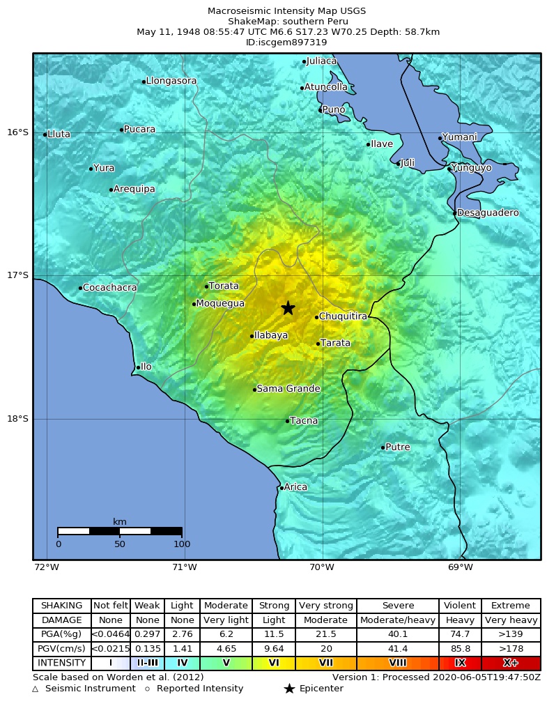 USGS ShakeMap: estimated shaking intensity around the epicenter