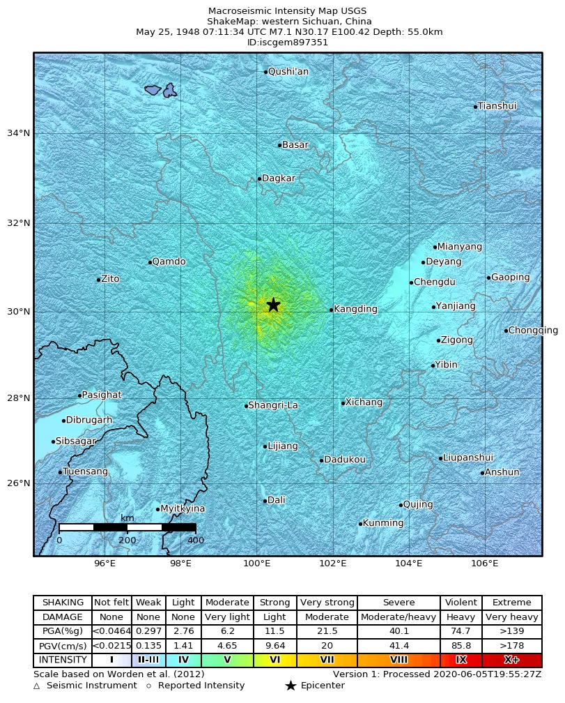 USGS ShakeMap: estimated shaking intensity around the epicenter