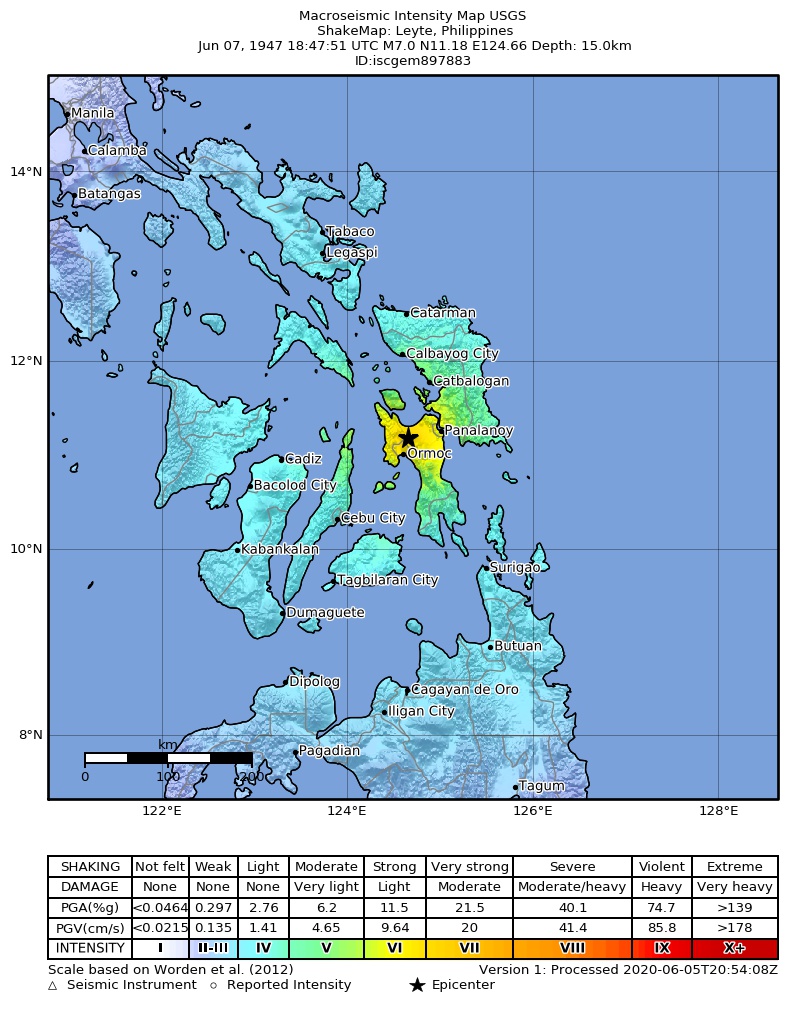 USGS ShakeMap: estimated shaking intensity around the epicenter