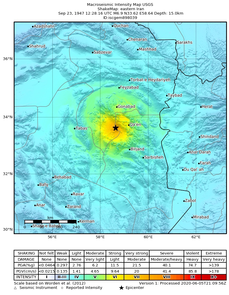 USGS ShakeMap: estimated shaking intensity around the epicenter