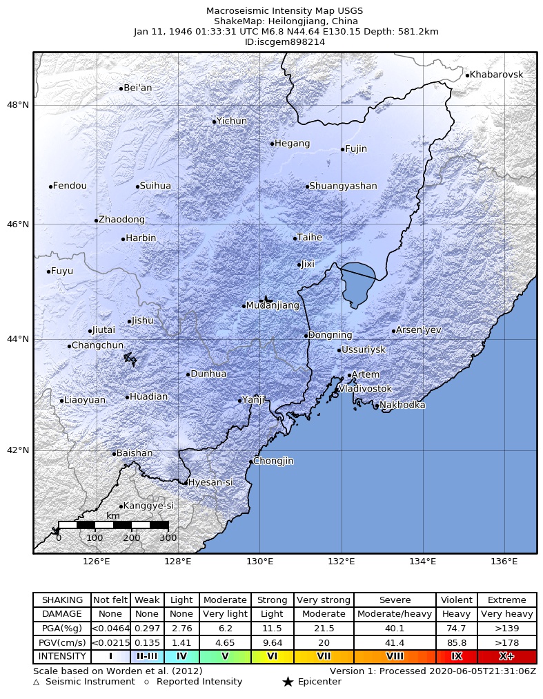 USGS ShakeMap: estimated shaking intensity around the epicenter