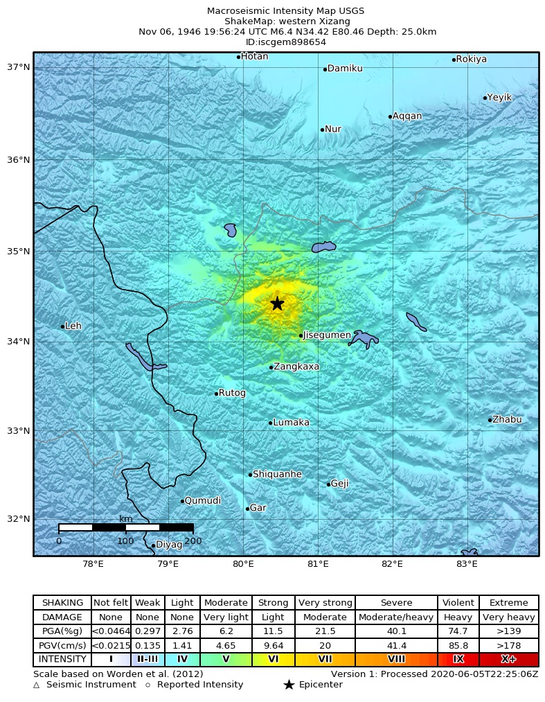 USGS ShakeMap: estimated shaking intensity around the epicenter