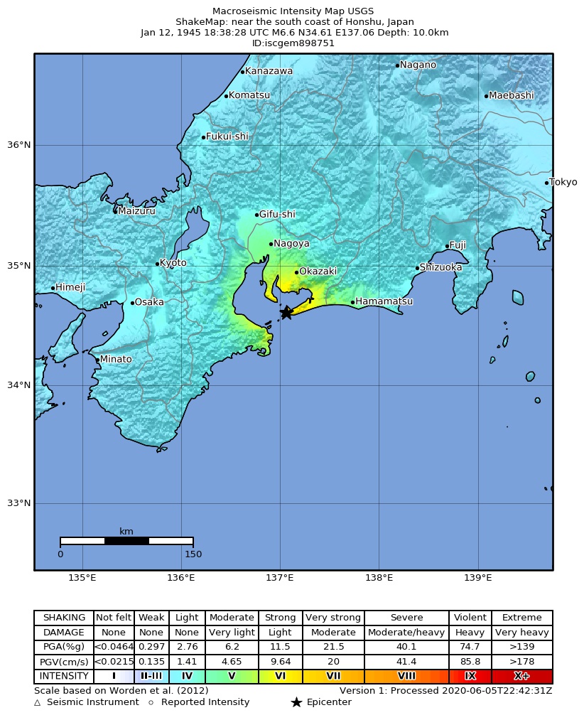 USGS ShakeMap: estimated shaking intensity around the epicenter