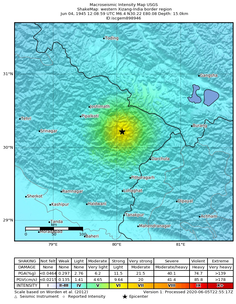 USGS ShakeMap: estimated shaking intensity around the epicenter