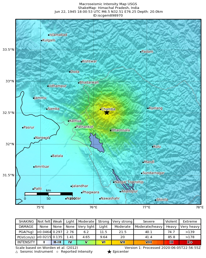 USGS ShakeMap: estimated shaking intensity around the epicenter