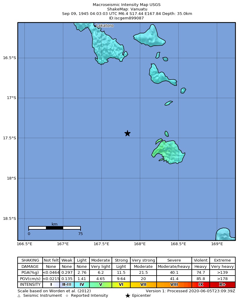 USGS ShakeMap: estimated shaking intensity around the epicenter