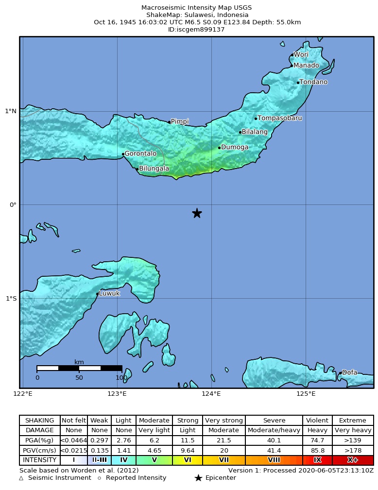 USGS ShakeMap: estimated shaking intensity around the epicenter