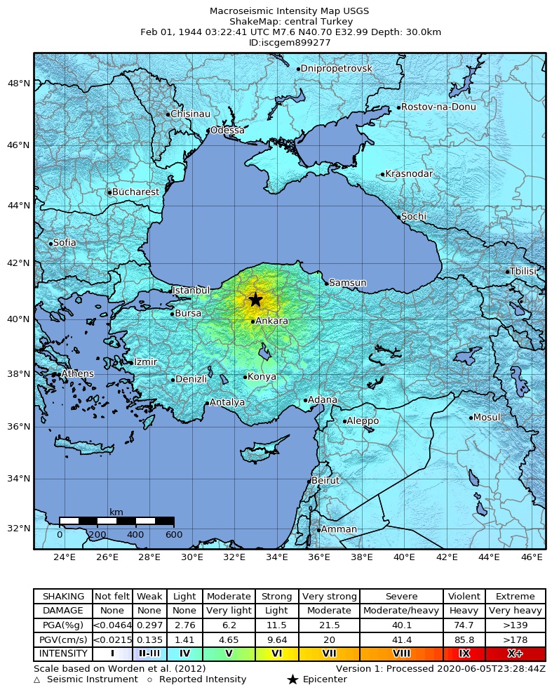 USGS ShakeMap: estimated shaking intensity around the epicenter