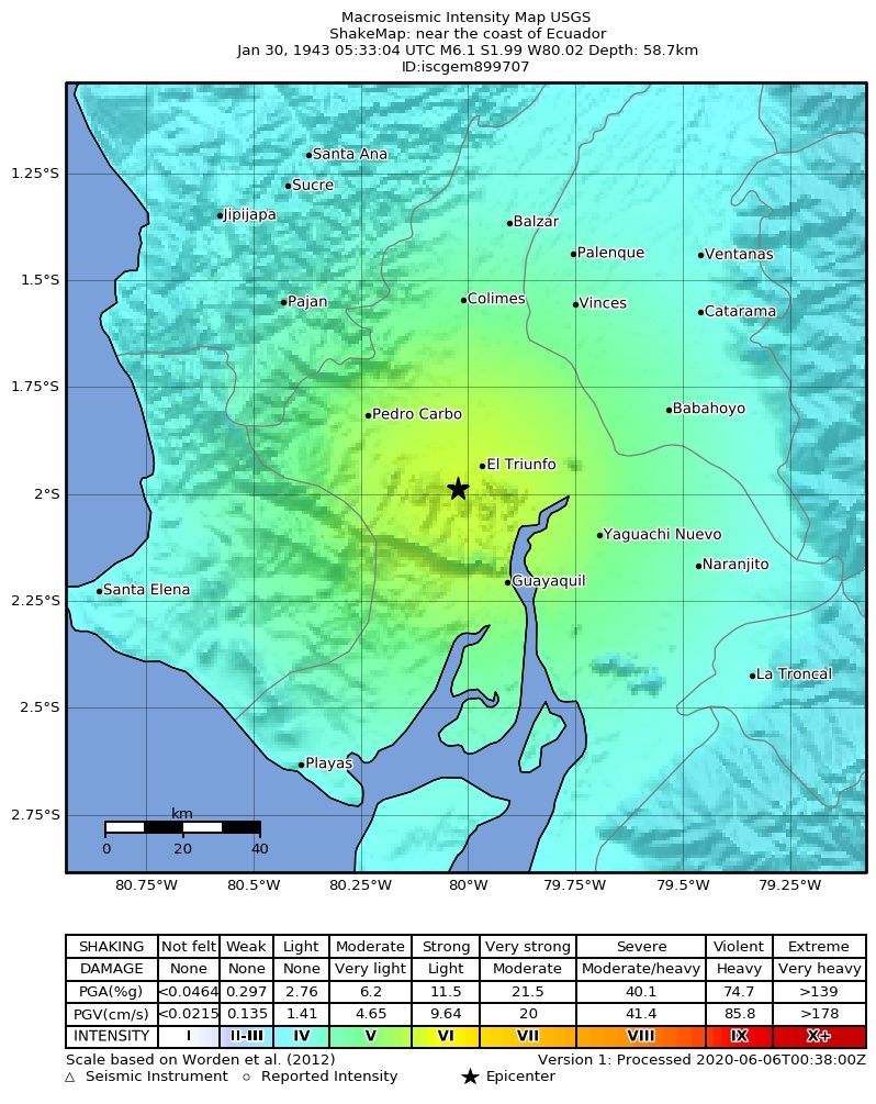 USGS ShakeMap: estimated shaking intensity around the epicenter