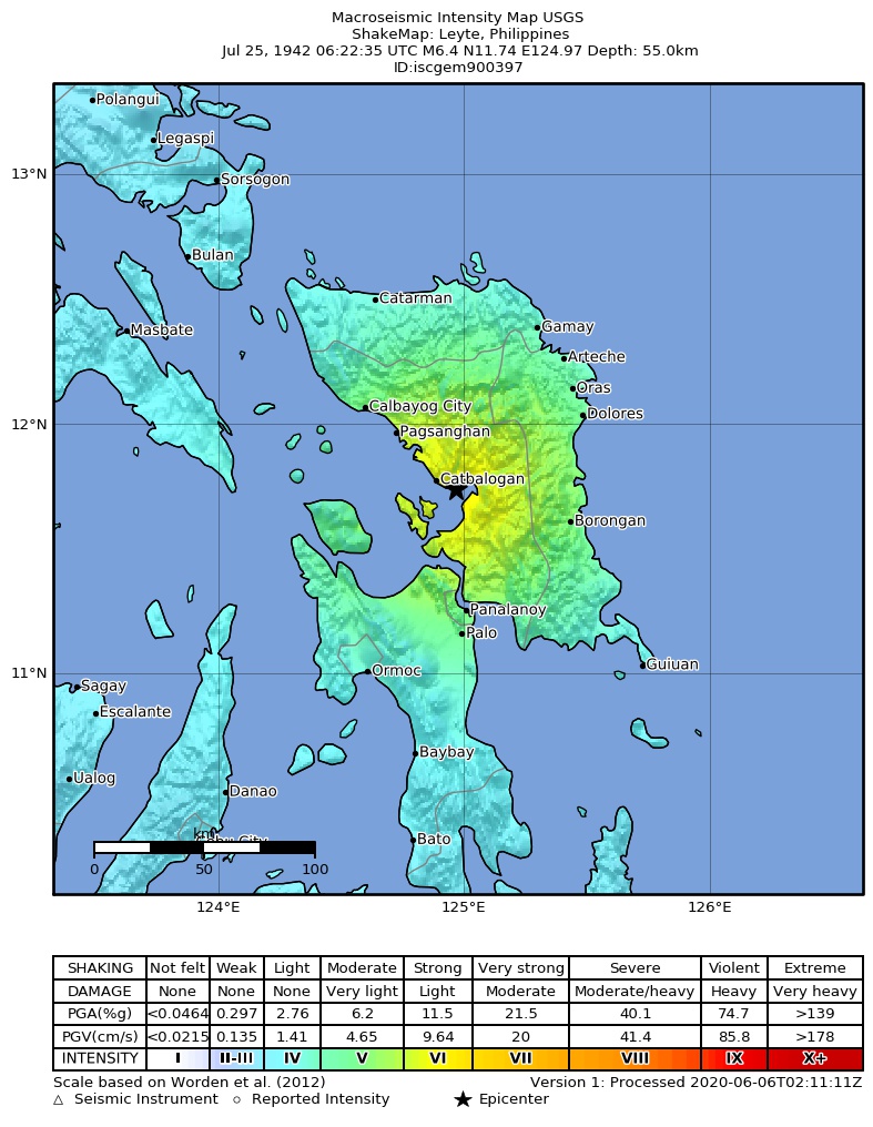 USGS ShakeMap: estimated shaking intensity around the epicenter
