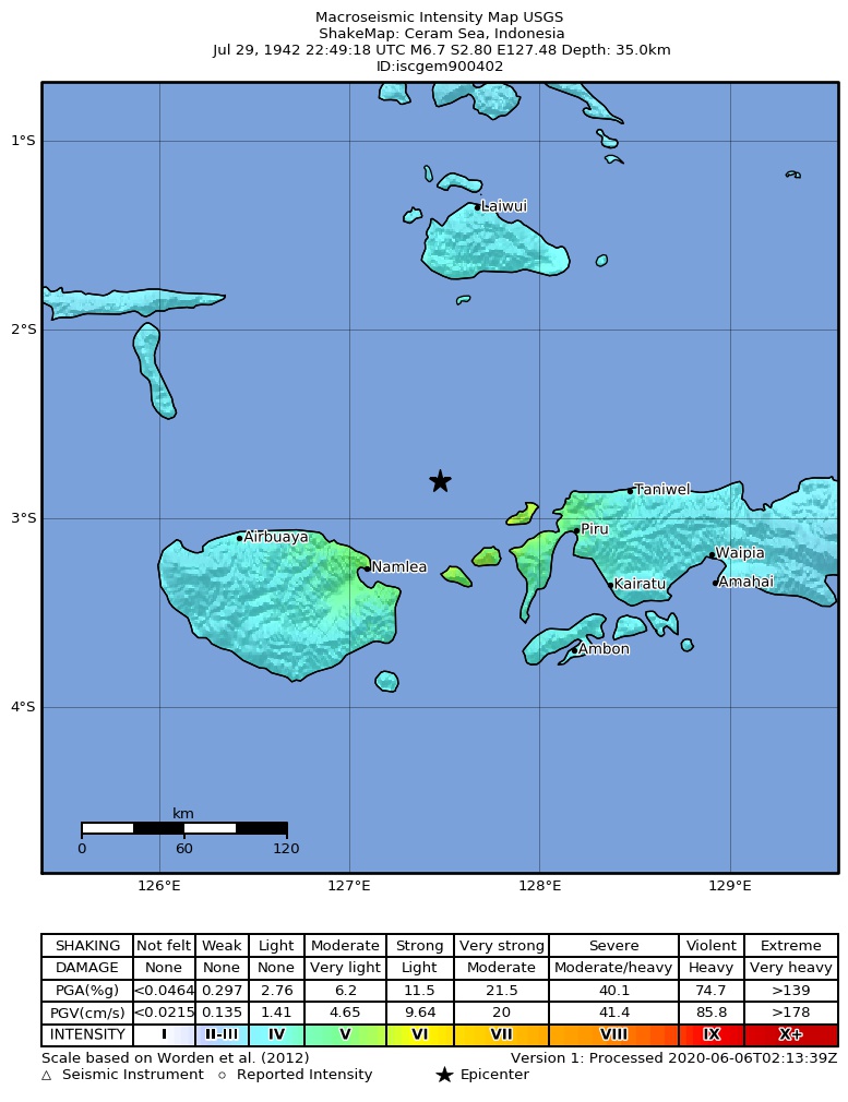 USGS ShakeMap: estimated shaking intensity around the epicenter