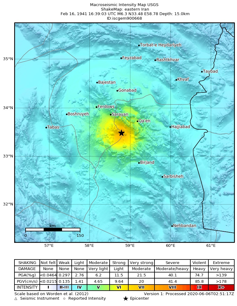 USGS ShakeMap: estimated shaking intensity around the epicenter
