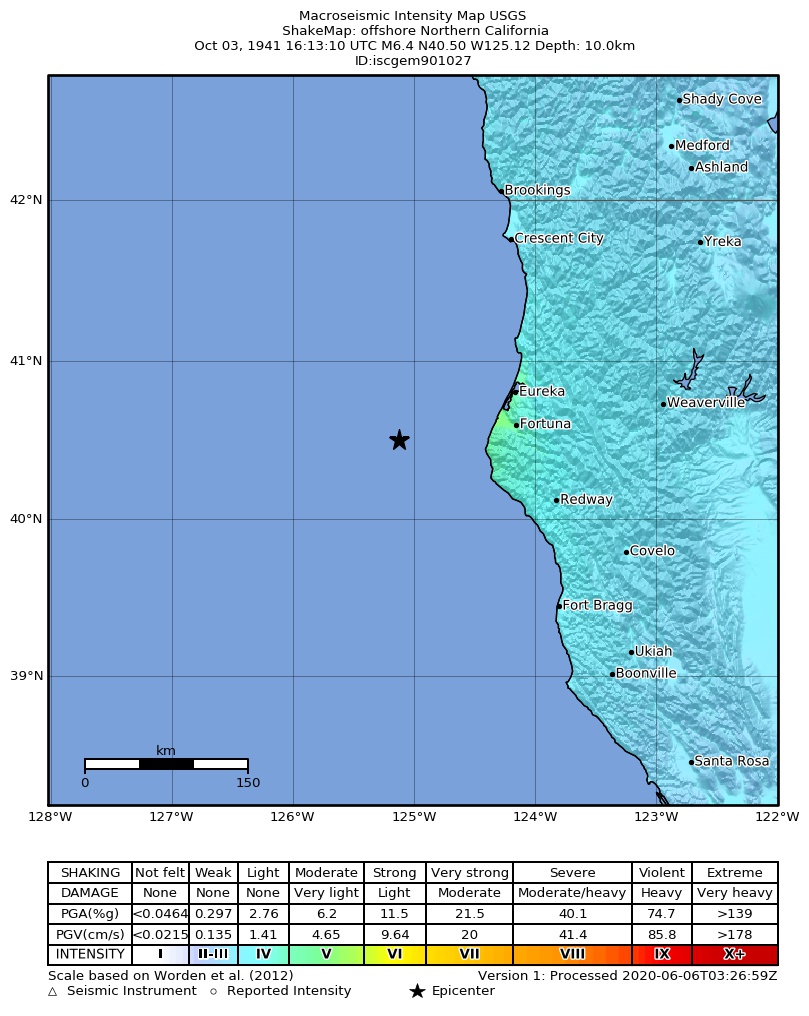 USGS ShakeMap: estimated shaking intensity around the epicenter