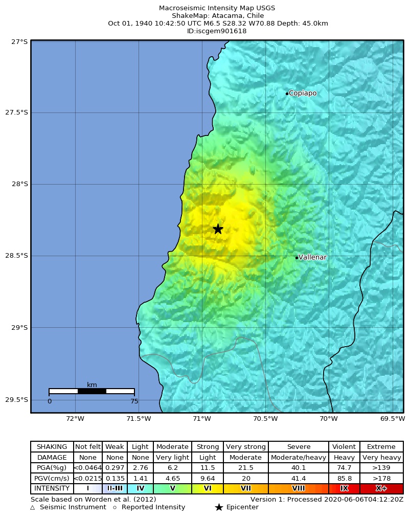 USGS ShakeMap: estimated shaking intensity around the epicenter