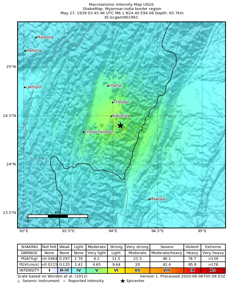 USGS ShakeMap: estimated shaking intensity around the epicenter